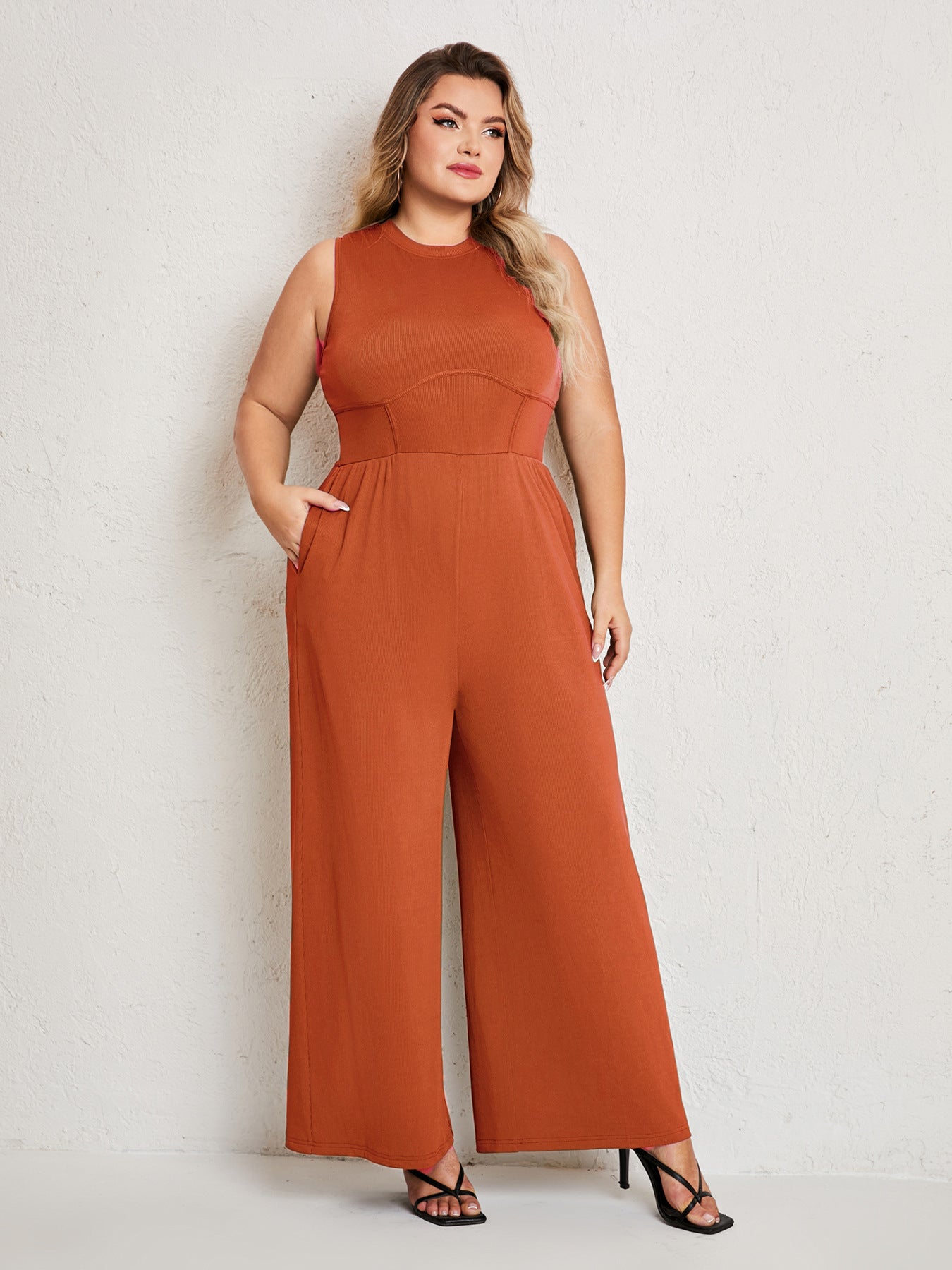 Womens Summer One Piece Sleeveless Wide Leg Pants Rompers With Pockets Plus Size