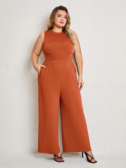 Womens Summer One Piece Sleeveless Wide Leg Pants Rompers With Pockets Plus Size