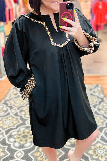 Evergreen Plus Size Notched Neck Leopard Trim Flounce Long Sleeve Shift Dress