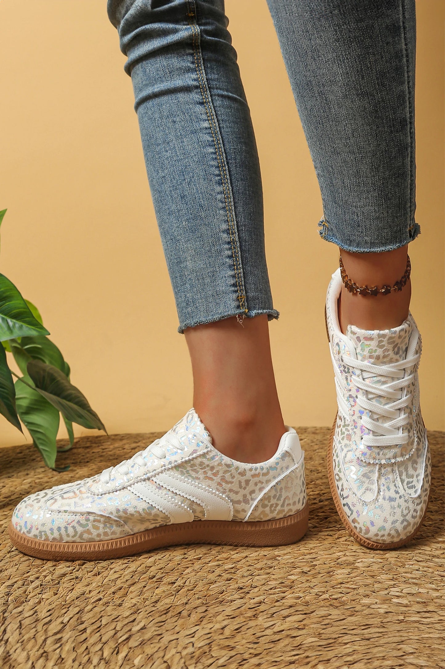 Leopard Print Shimmer Lace Up Sneakers PU Leather Shoes