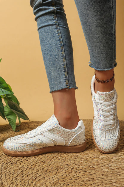 Leopard Print Shimmer Lace Up Sneakers PU Leather Shoes