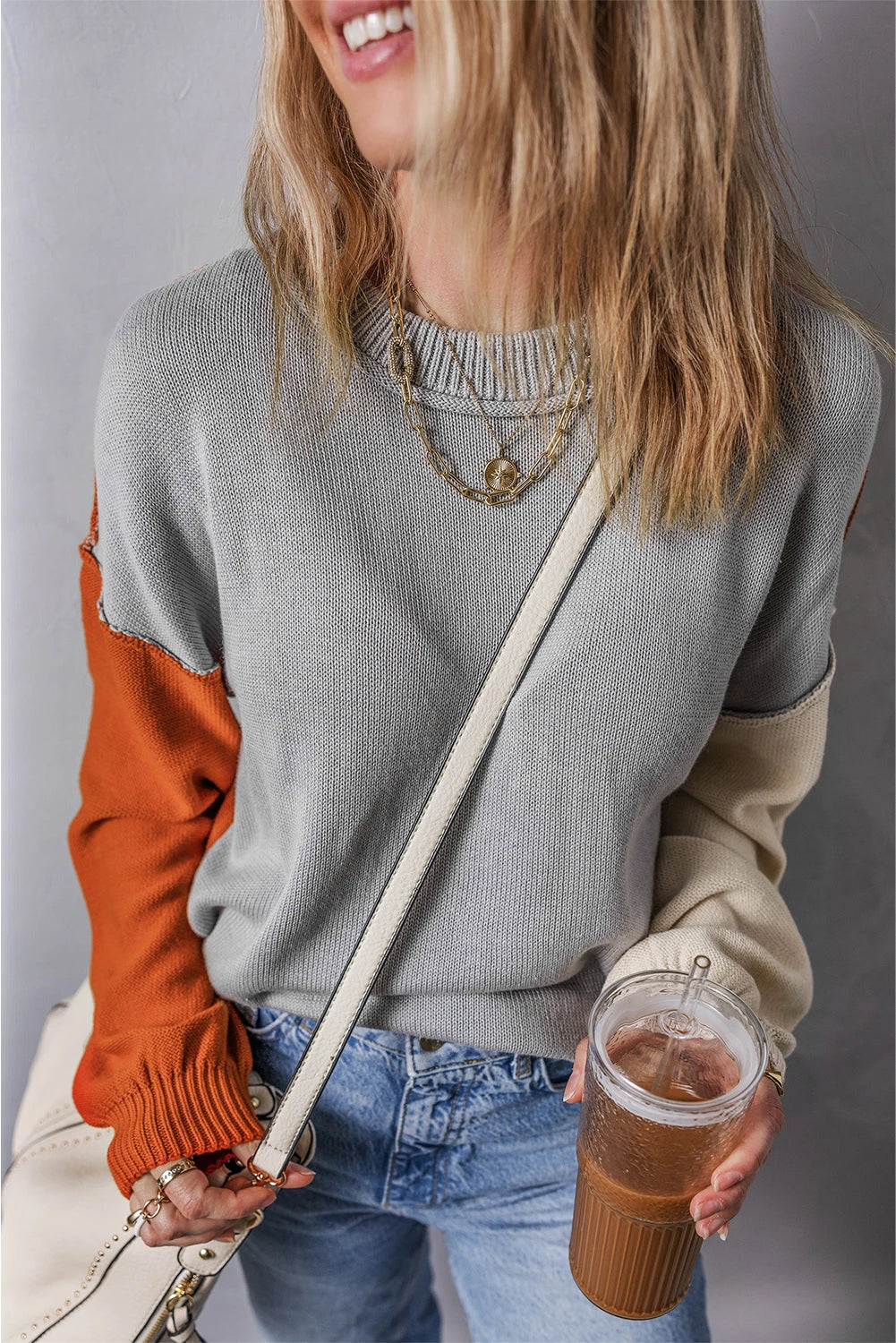 Colorblock Bishop Sleeve Ribbed Knit Sweater