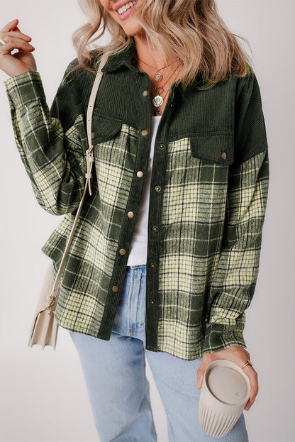 Blackish Green Snap Button Plaid Shacket with Corduroy Patchwork