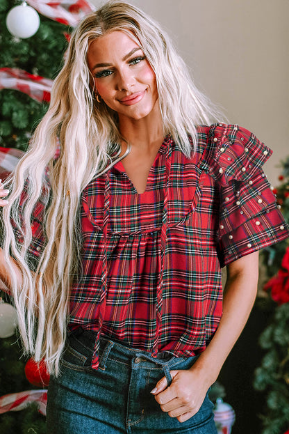 Red Christmas Plaid Pearl Ruffle Short Sleeve Holiday Blouse