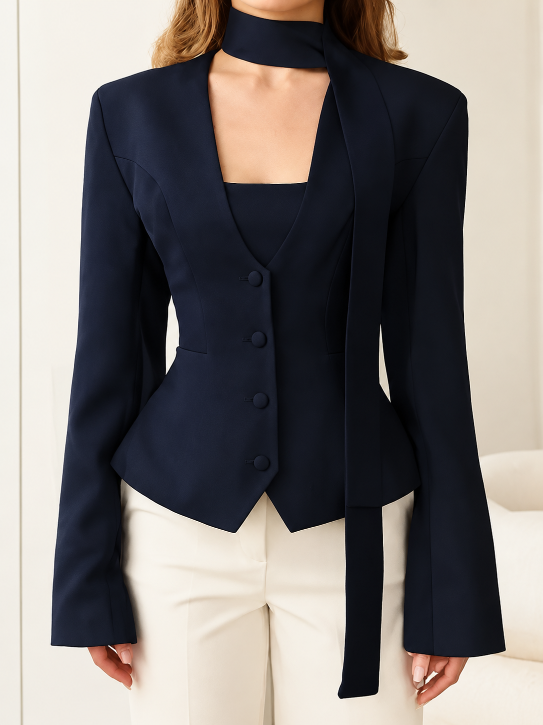 Women's Scarf Neck Bell Sleeve Slim Blazer