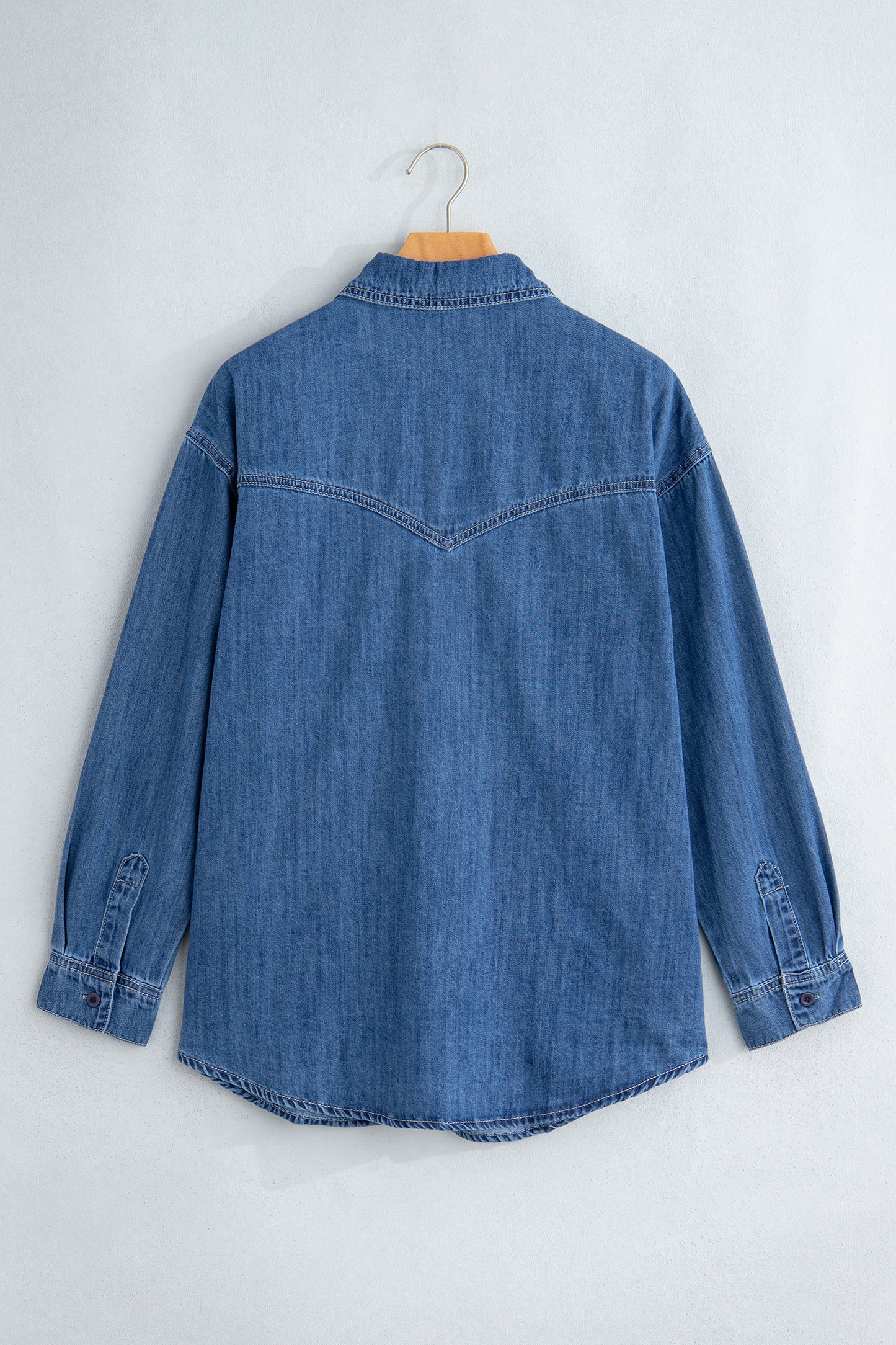 Sail Blue Western Patch Pockets Tunic Length Long Sleeve Denim Shirt