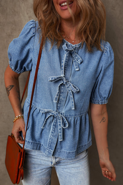 Blue Denim Tie Front Puff Sleeve Peplum Blouse