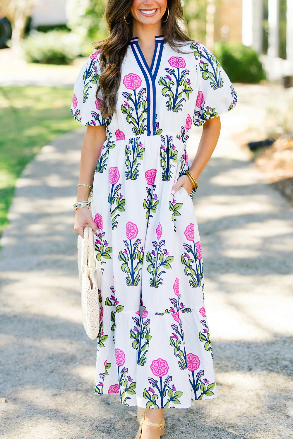 White Floral Contrast Trim V Neck Maxi Dress