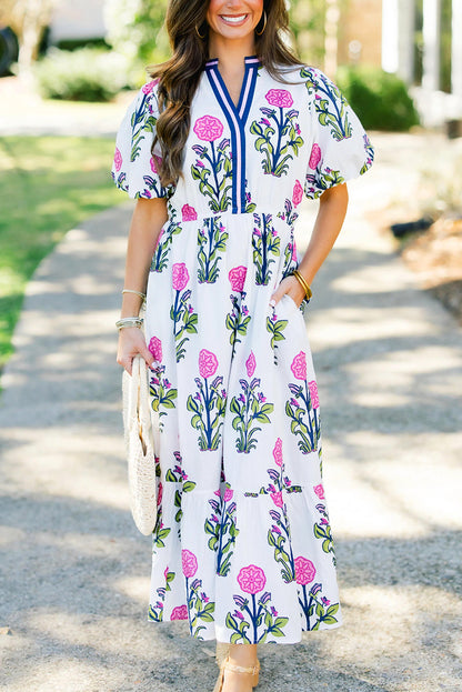 White Floral Contrast Trim V Neck Maxi Dress