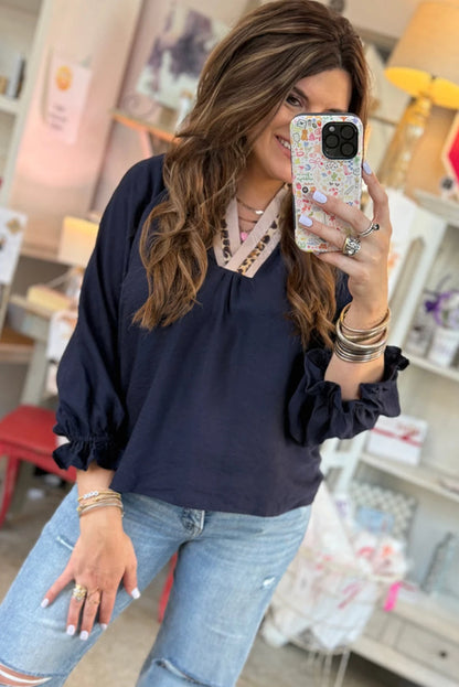Navy Blue Contrast Leopard Patchwork Collar Plus Size Long Flounce Sleeve Blouse