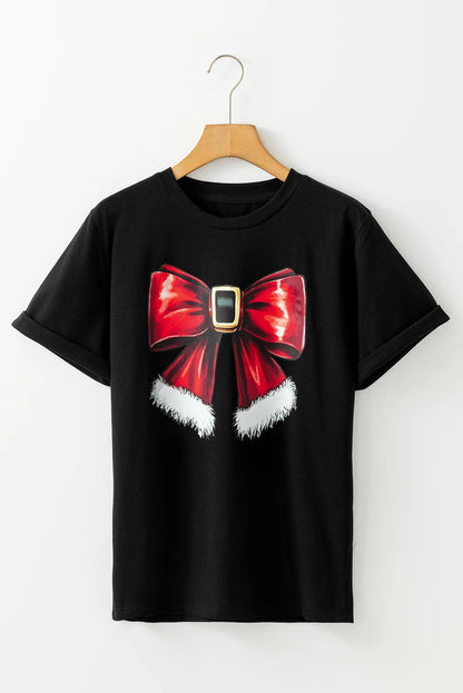 Black Christmas Big Bowknot Graphic Crewneck T Shirt