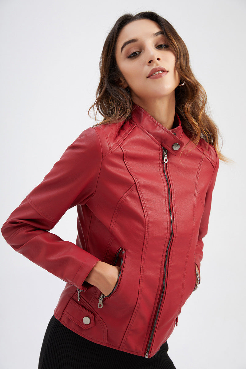 Women's Faux Leather Moto Jacket Slim Fit Zip Up