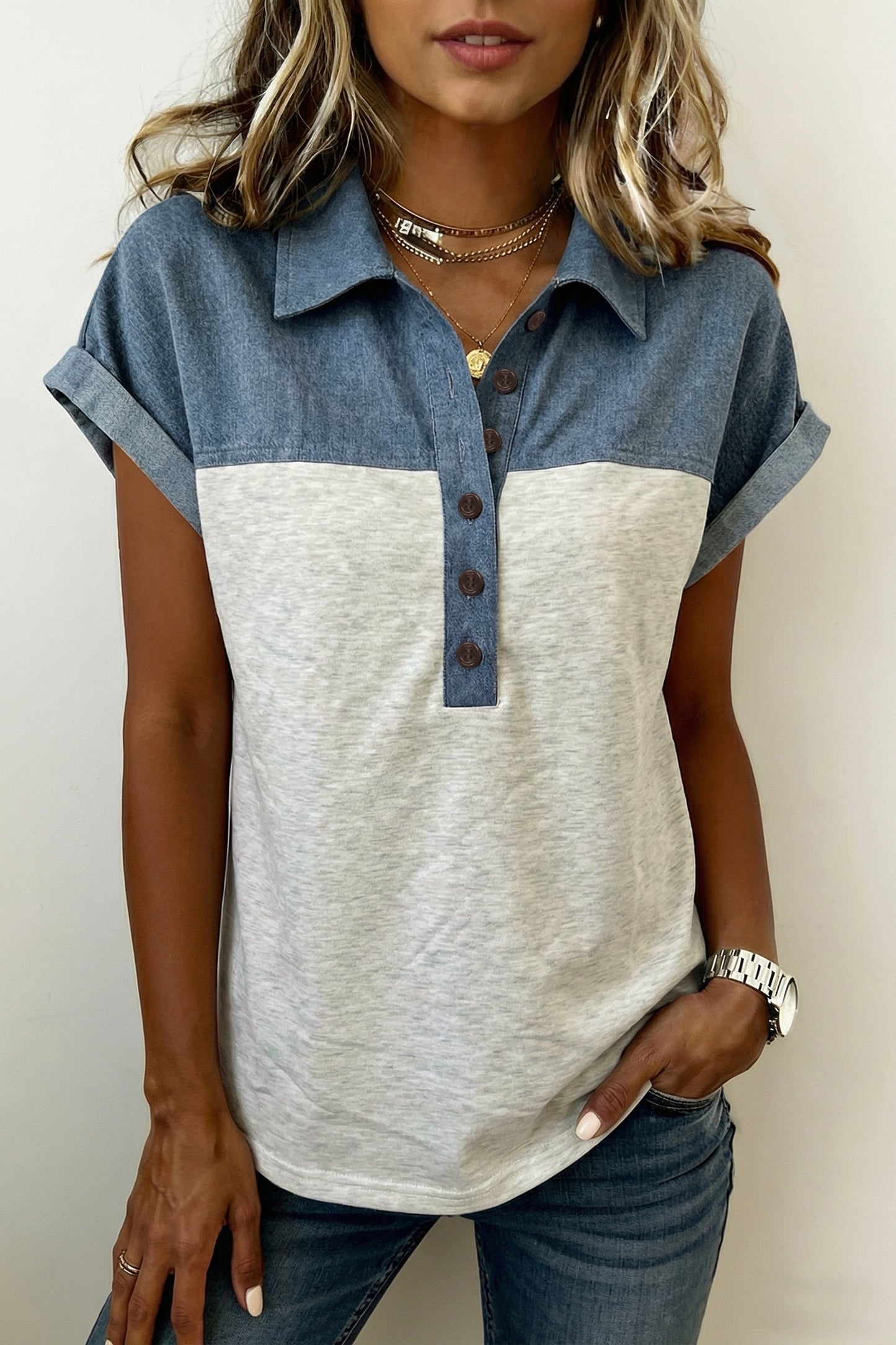 Color Block Polo Henley Short Sleeve Casual Top