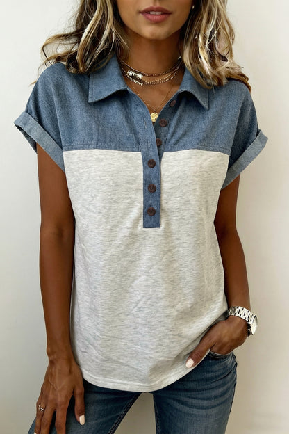Color Block Polo Henley Short Sleeve Casual Top