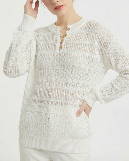 Open Knit Henley Button Long Sleeve Lightweight Sweater