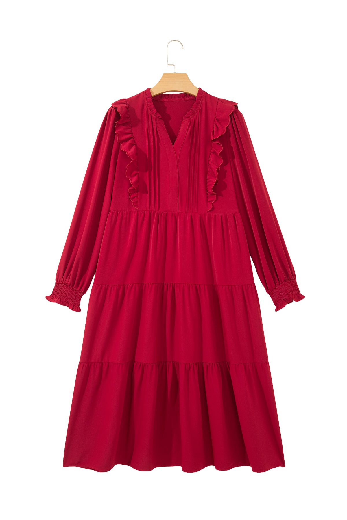 Red Ruffle V-Neck Long Sleeve Tiered Midi Dress