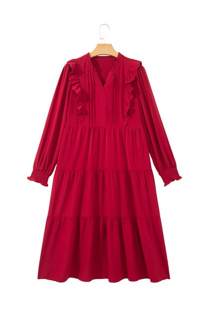 Red Ruffle V-Neck Long Sleeve Tiered Midi Dress