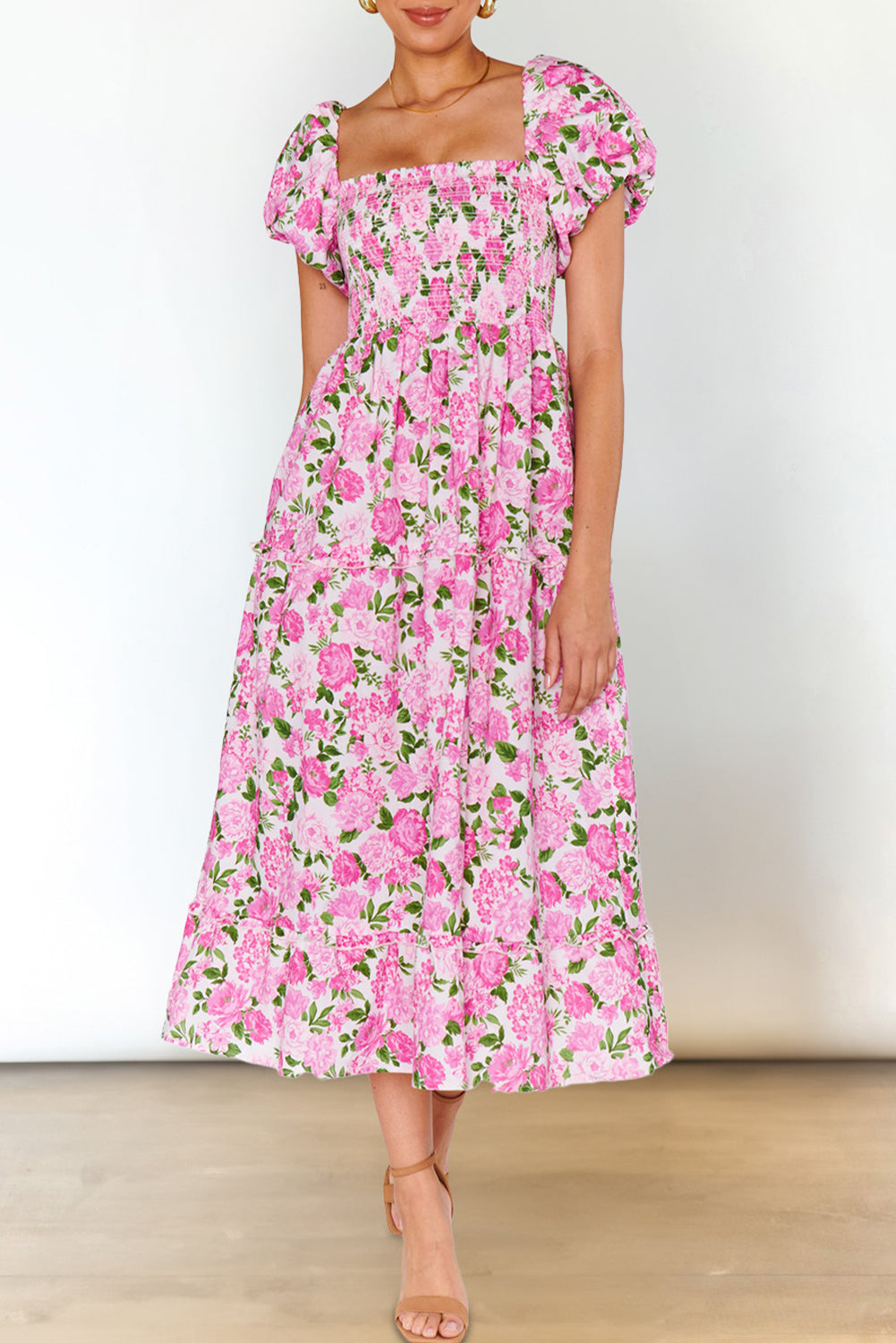 Easter Pink Floral Square Neck Puff Sleeve Maxi Dress