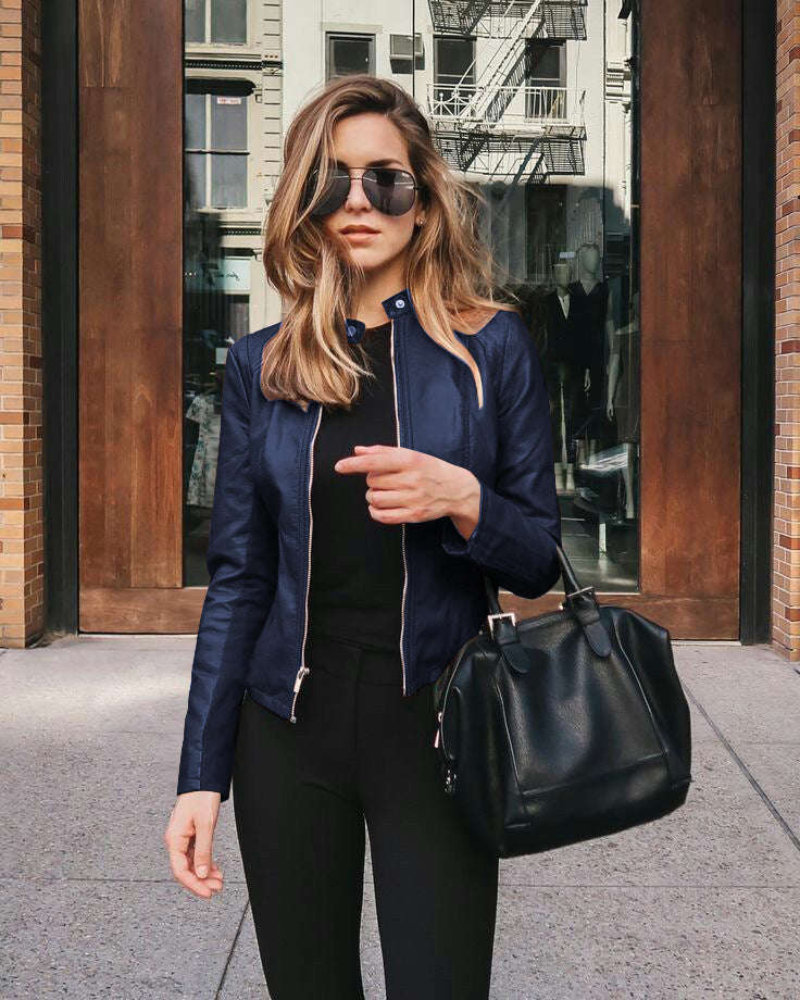 Women's Faux Leather Moto Blazer Jacket Slim Fit Zip-Up