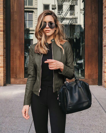 Women's Faux Leather Moto Blazer Jacket Slim Fit Zip-Up