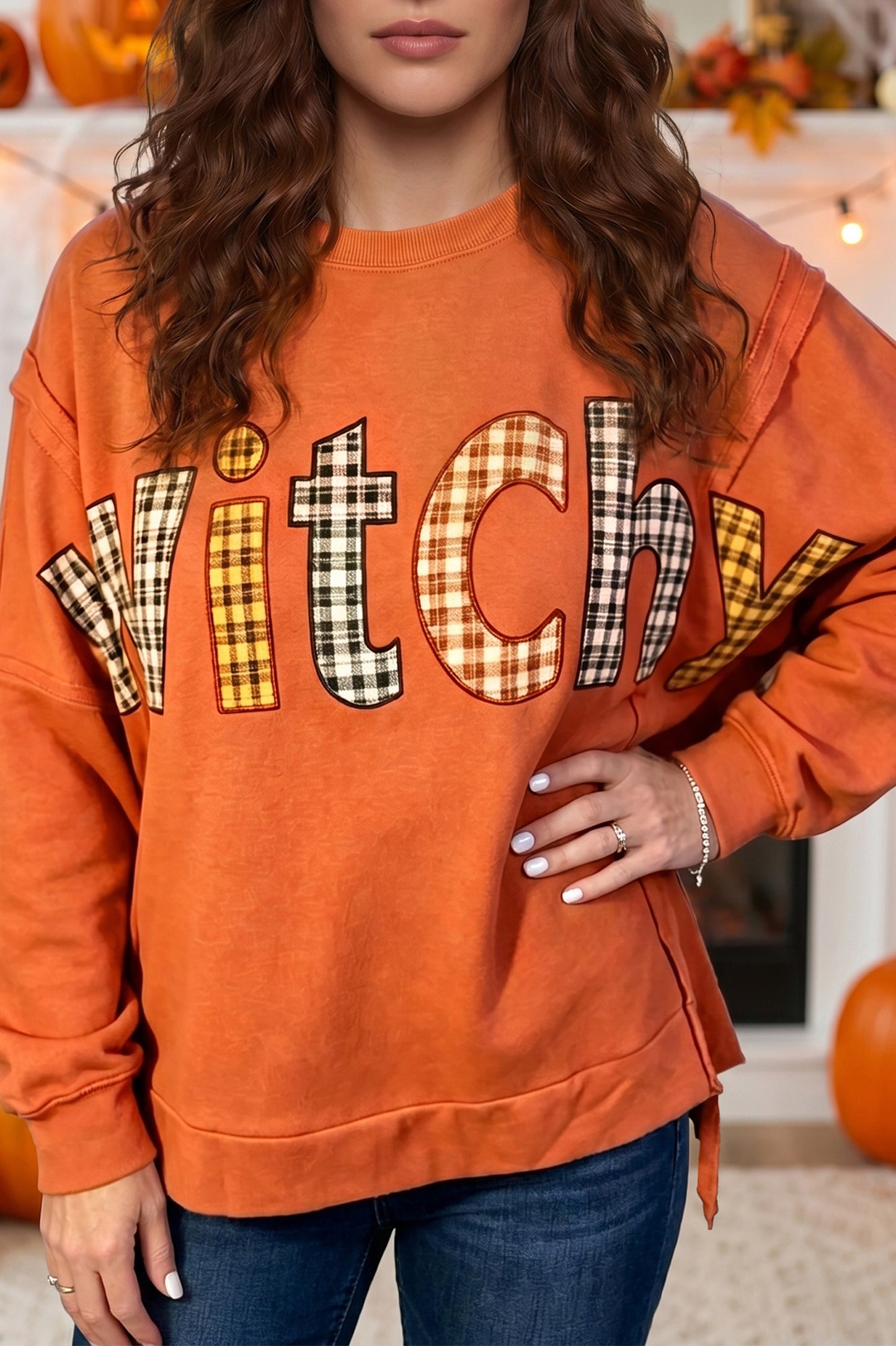 Flamingo Halloween Witchy Plaid Patch Sweatshirt