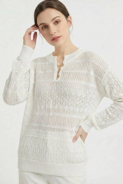 Open Knit Henley Button Long Sleeve Lightweight Sweater