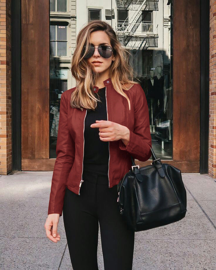 Women's Faux Leather Moto Blazer Jacket Slim Fit Zip-Up