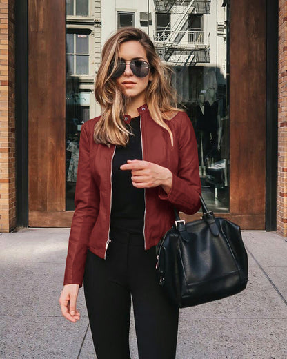 Women's Faux Leather Moto Blazer Jacket Slim Fit Zip-Up