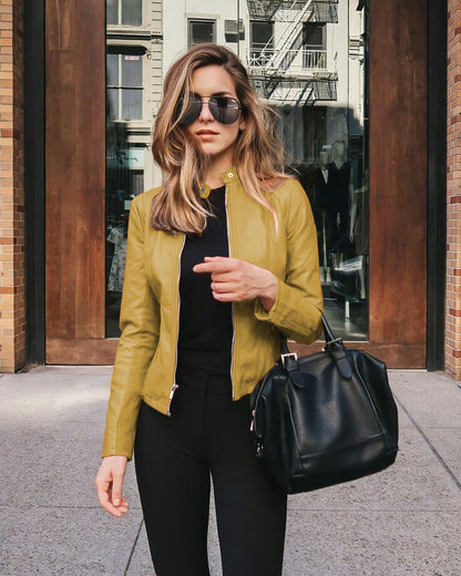 Women's Faux Leather Moto Blazer Jacket Slim Fit Zip-Up
