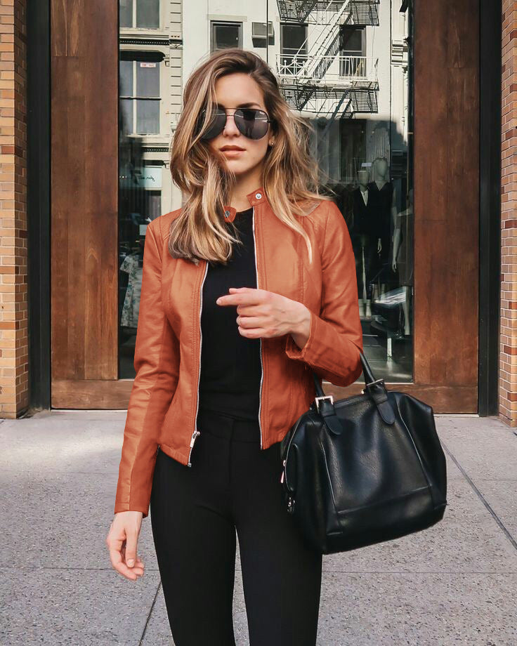 Women's Faux Leather Moto Blazer Jacket Slim Fit Zip-Up