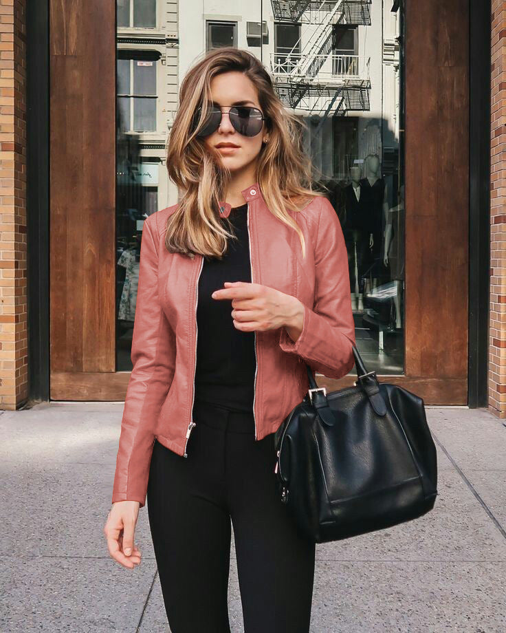Women's Faux Leather Moto Blazer Jacket Slim Fit Zip-Up
