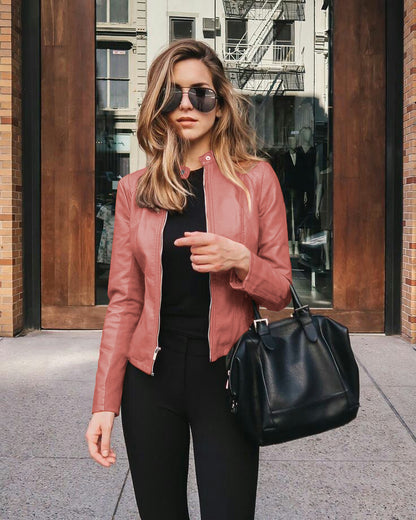 Women's Faux Leather Moto Blazer Jacket Slim Fit Zip-Up