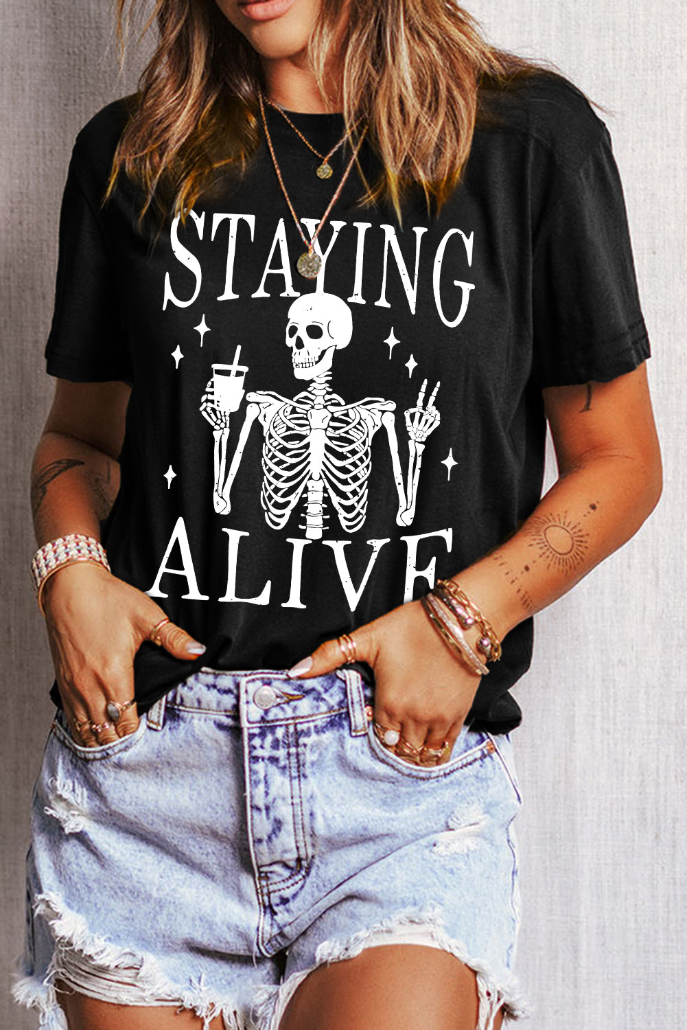 Black Staying Alive Skeleton Halloween Graphic T Shirt