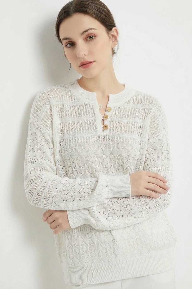 Open Knit Henley Button Long Sleeve Lightweight Sweater
