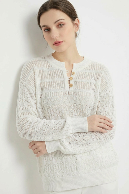 Open Knit Henley Button Long Sleeve Lightweight Sweater