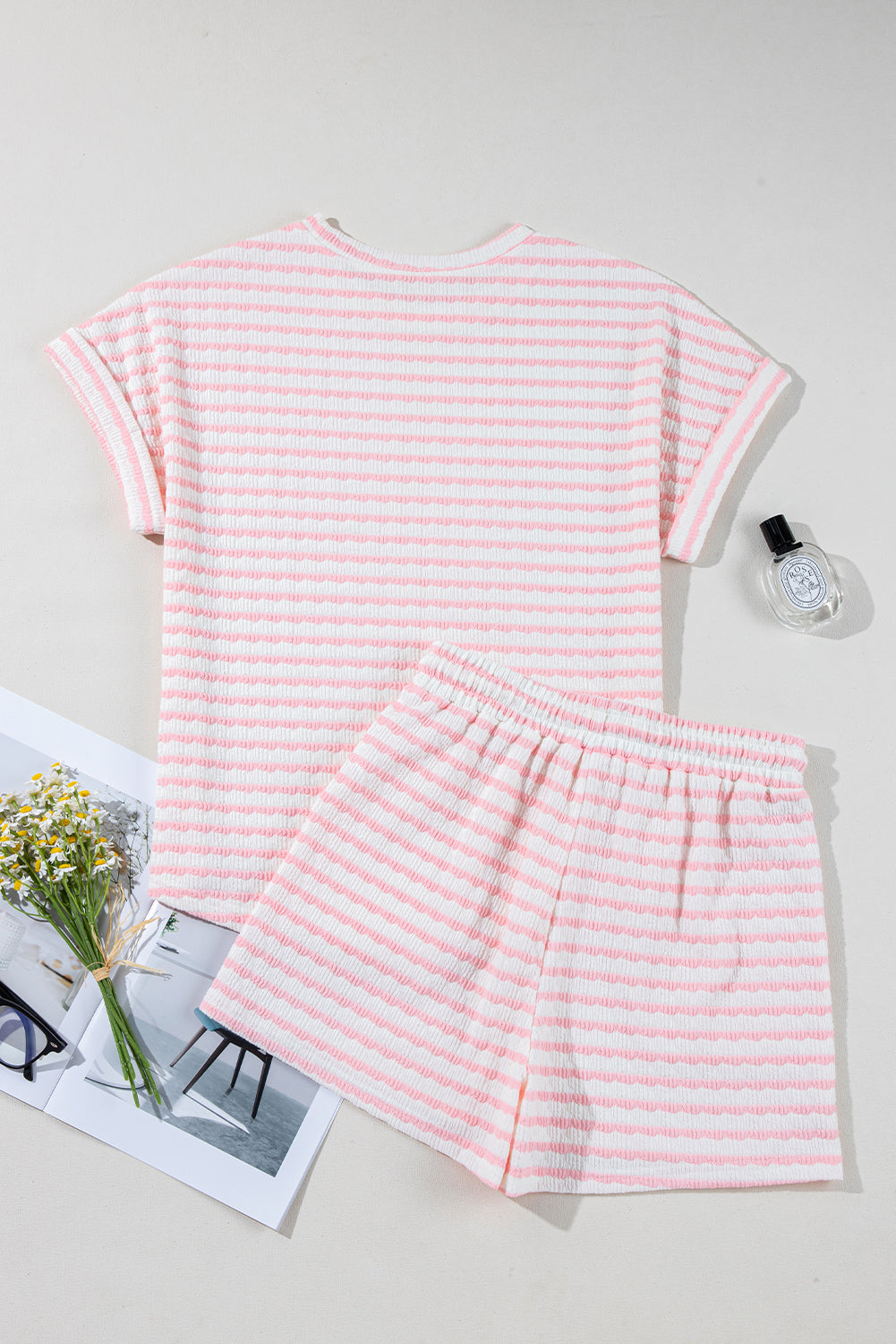 Pink Stripe Textured Knit Lounge Set Drawstring Shorts