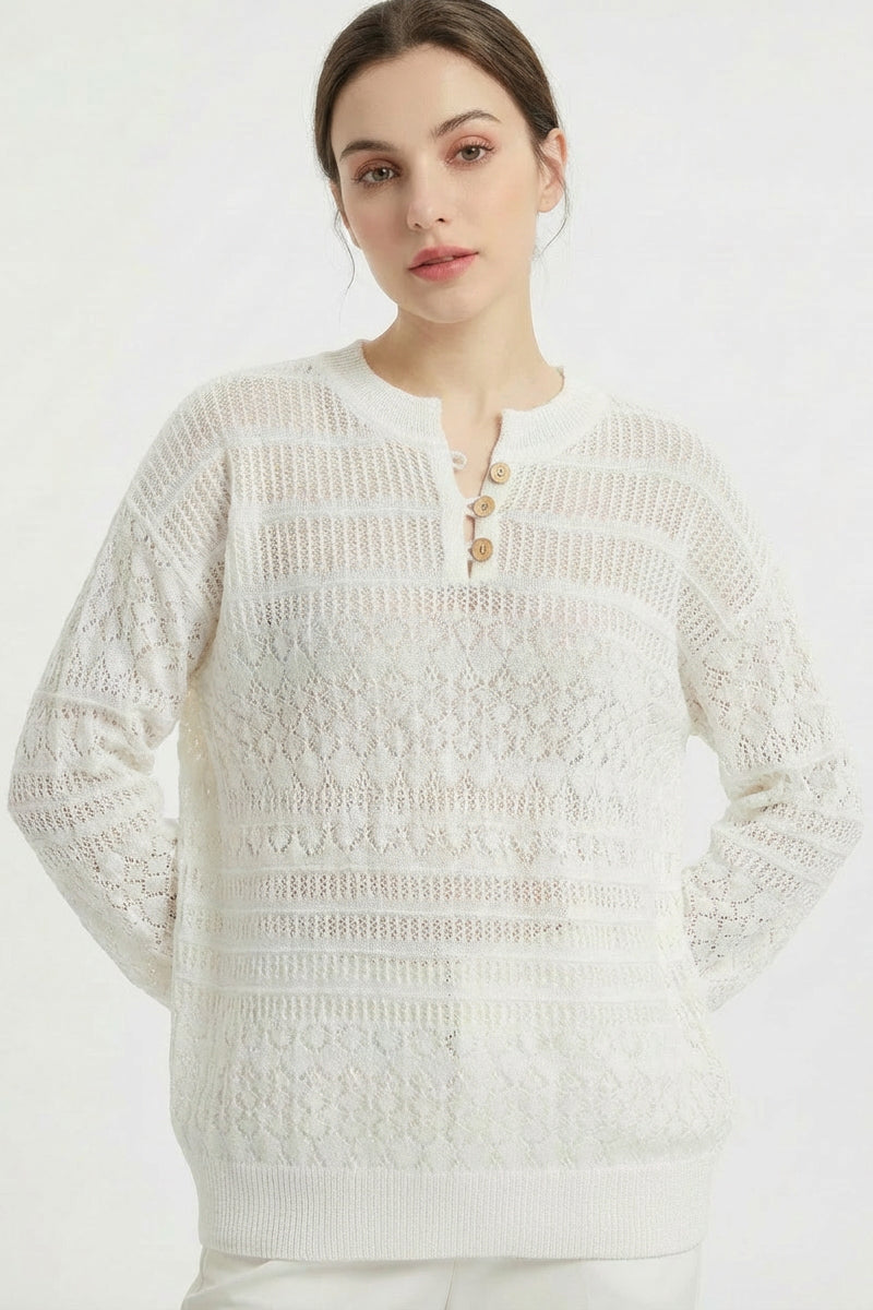 Open Knit Henley Button Long Sleeve Lightweight Sweater
