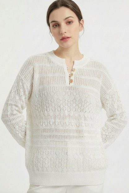 Open Knit Henley Button Long Sleeve Lightweight Sweater