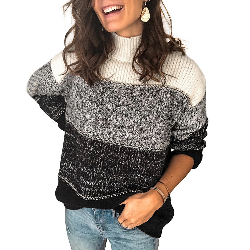 Oversized Color Block Turtleneck Knit Pullover Sweater