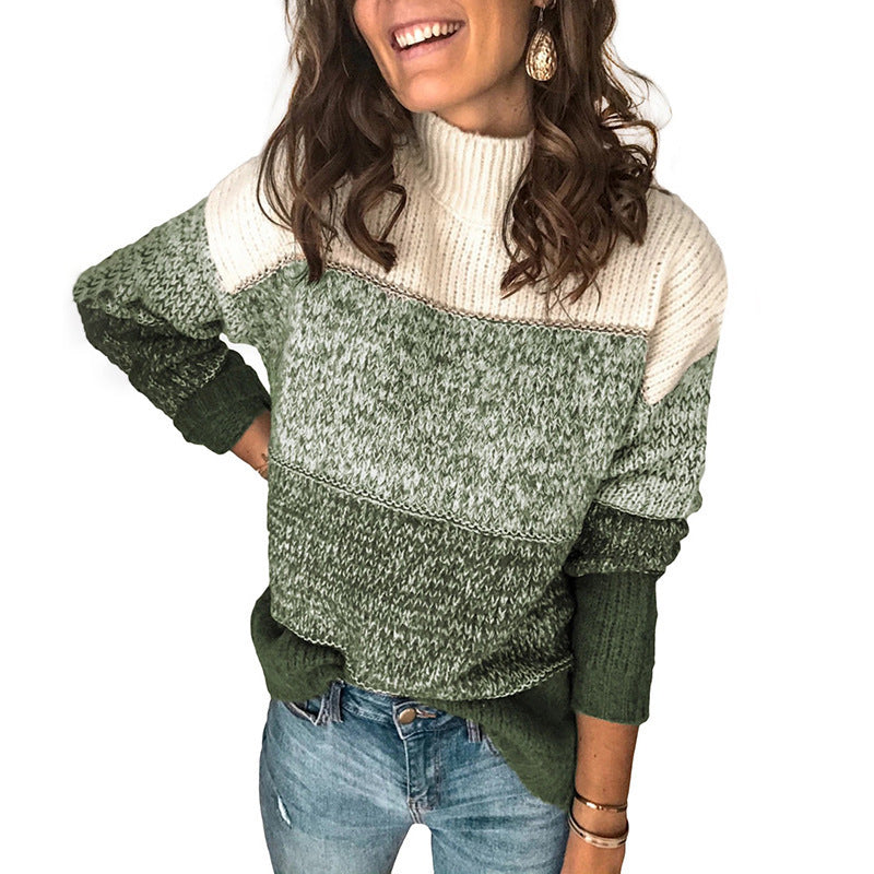 Oversized Color Block Turtleneck Knit Pullover Sweater
