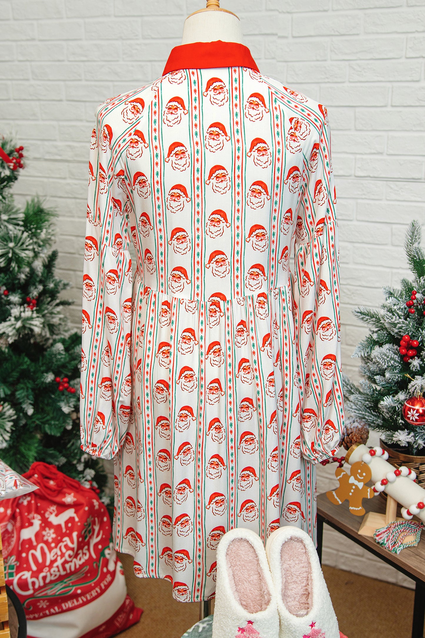 Santa Print Button Front Long Sleeve Christmas A Line Dress