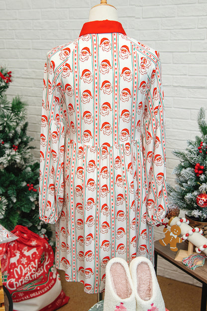 Santa Print Button Front Long Sleeve Christmas A Line Dress