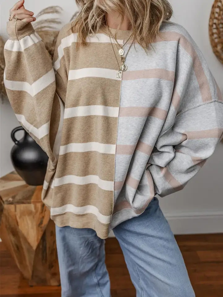 Neutral Colorblock Knit Sweater – Oversized Fit Pullover