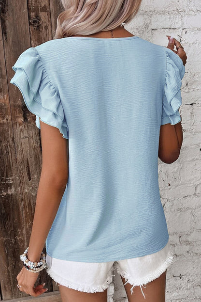 Clearly Aqua Ruffle Sleeve Summer Casual Blouse Top
