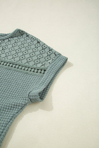 Mist Green Lace Patchwork Waffle Knit Summer Top