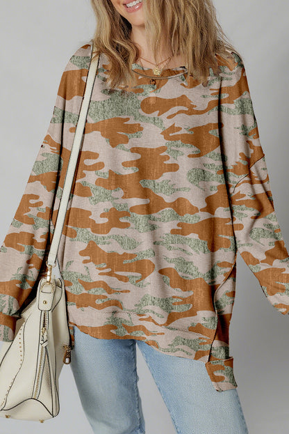 Retro Camo Drop Shoulder Oversized Sweatshirt for Women