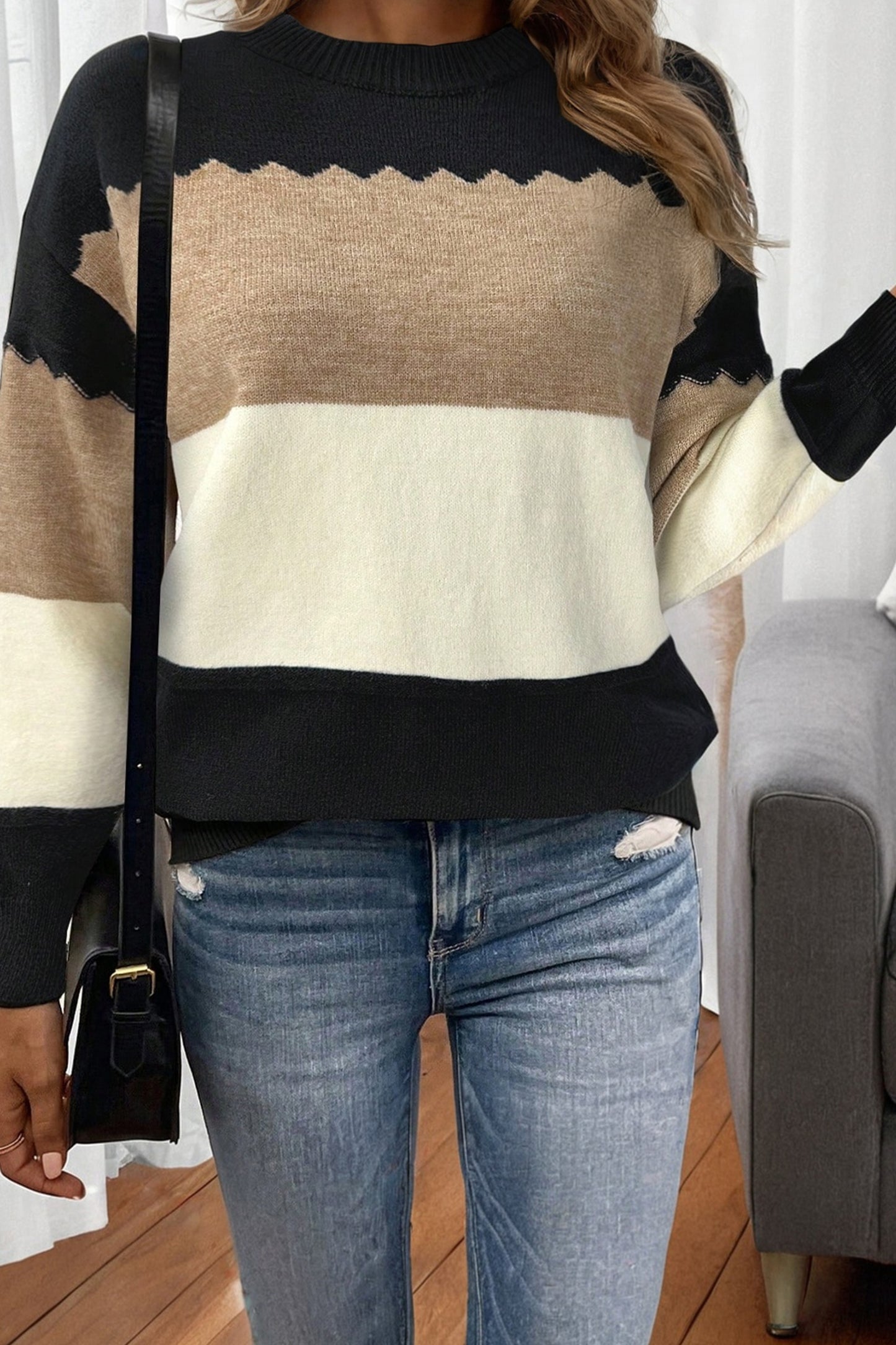 Black Beige Brown Colorblock Drop Shoulder Knit Sweater