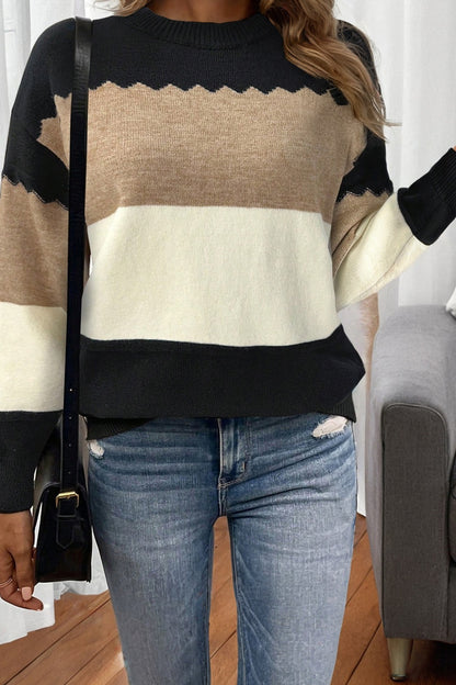 Black Beige Brown Colorblock Drop Shoulder Knit Sweater