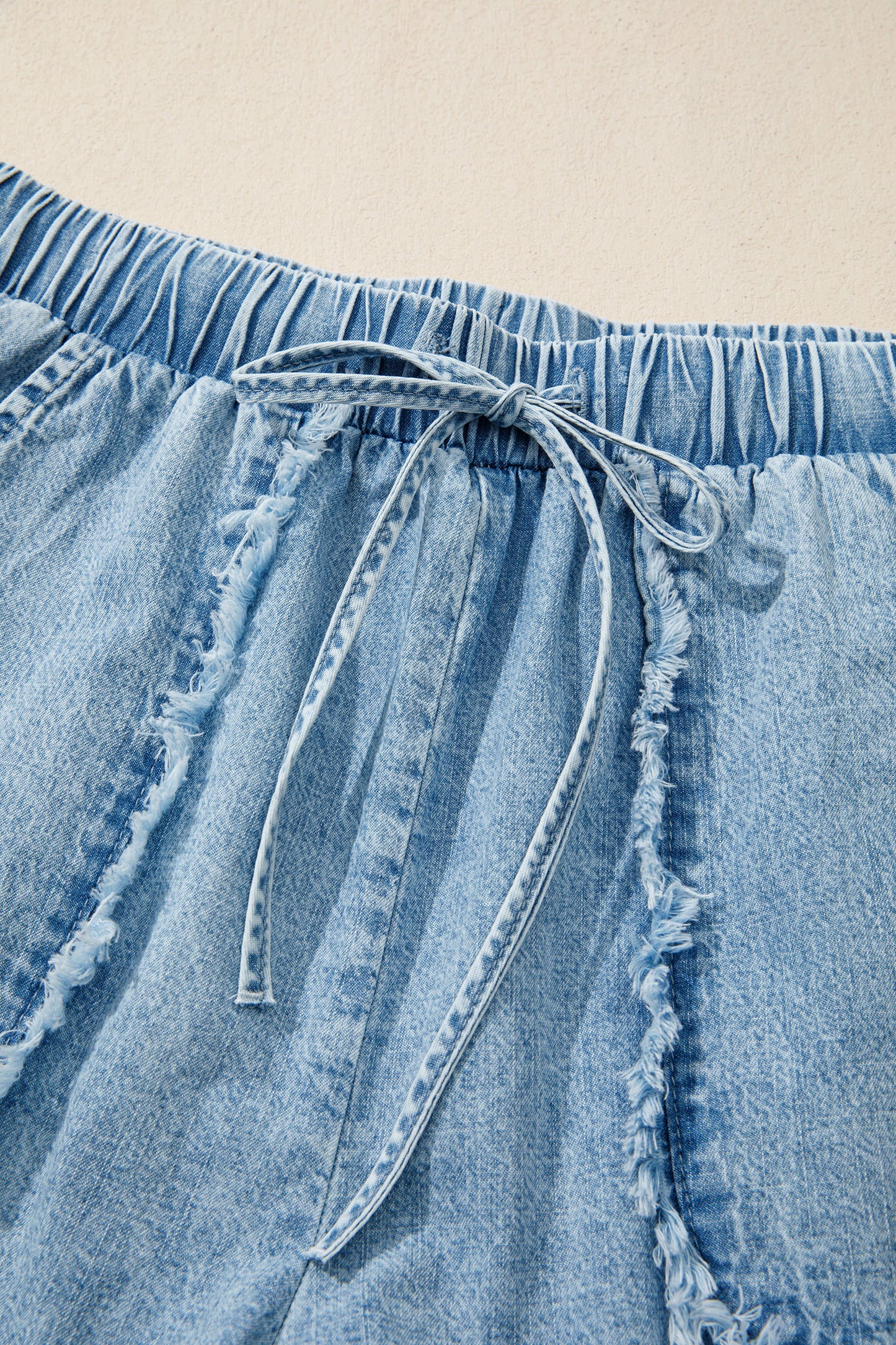 Frayed Edge Elastic Waist Drawstring Denim Shorts