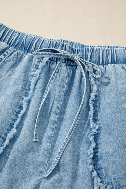 Frayed Edge Elastic Waist Drawstring Denim Shorts